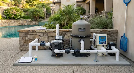 Pool equipment pad with a pump, sand filter and automation panel beside a backyard pool